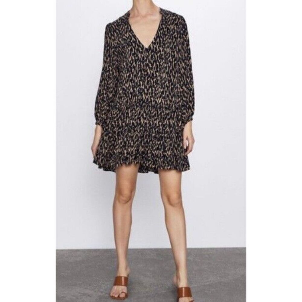 Zara Black and Beige Printed Midi Dress